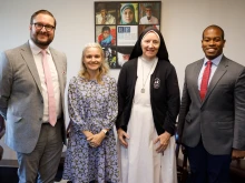 Andrew Kubrick, Religious Freedom Institute; Dr. Kathleen Berchelmann, My Catholic Doctor; Sister Deirdre Byrne; and Louis Brown, Christ Medicus Foundation, speak on the issue of religious freedom protections for Catholic health care workers on Oct. 24, 2024.