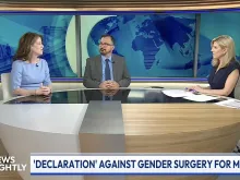 Jill Simons, the executive director of the American College of Pediatricians (left) and Catholic Medical Association Executive Director Mario Dickerson (center) talk with “EWTN News Nightly” anchor Tracy Sabol on June 6, 2024.
