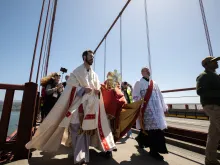 Archbishop Cordileone and the faithful from the Archdiocese of San Francisco process across the Golden Gate Bridge in the historic first eucharistic pilgrimage to the National Eucharistic Congress.
