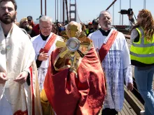 San Francisco Archbishop Salvatore Cordileone processes over the Golden Gate Bridge with the Eucharist on May 19, 2024.