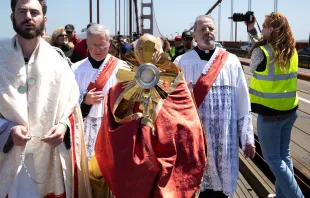 San Francisco Archbishop Salvatore Cordileone processes over the Golden Gate Bridge with the Eucharist on May 19, 2024. Credit: Jeffrey Bruno