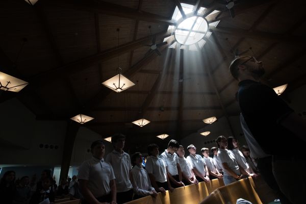 Young students from the Diocese of Trenton attend the Eucharistic Pilgrimage Mass at St. Mary of the Pines Church, Manahawkin, New Jersey. May 29, 2024. Credit: Jeffrey Bruno
