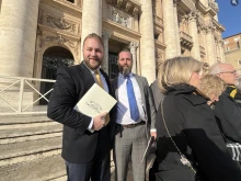 Catholic Land Movement co-founders Andrew Ewell (top left) and Michael Guidice (top right), pictured here on the steps of St. Peter’s Basilica.