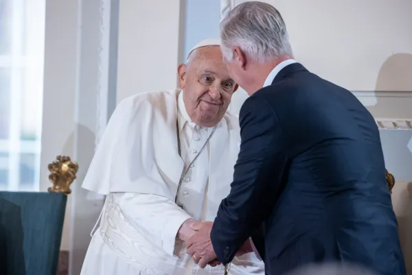 Pope Francis at a meeting with dignitaries in the Grand Gallery of Belgium's Laeken Castle on Friday, Sept. 27, 2024. Credit: Daniel Ibáñez/CNA