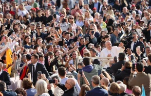 Pope Francis greets pilgrims at his general audience in St. Peter's Square on Wednesday, Sept. 18, 2024. Credit: Daniel Ibáñez/CNA