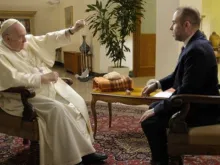 Pope Francis speaks with journalist Fabio Marchese Ragona.