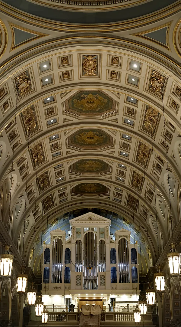 The new gallery organ sits under the Cathedral of the Sacred Heart's coffered ceiling. Credit: Alexa Edlund