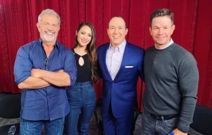 L-R: Actor Mel Gibson, writer and director Rosalind Ross, Raymond Arroyo of EWTN’s ‘The World Over’ and actor and producer Mark Wahlberg smile in Culver City, California, on March 22, 2022. Courtesy of Raymond Arroyo/Sony