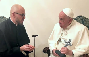 Father Vyacheslav Grynevych gave Pope Francis with a cross made out of broken glass and rubble from destroyed buildings in Kyiv on Feb. 21, 2023. Photo courtesy of Father Vyacheslav Grynevych