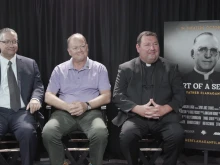 From left to right: Deacon Omar F.A. Gutierrez, notary in the cause for canonization, Steve Wolf, vice postulator in the cause for canonization and a Boys Town alumnus, and Father Ryan Lewis, JCL, the archbishop’s delegate.