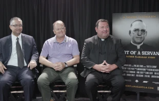 From left to right: Deacon Omar F.A. Gutierrez, notary in the cause for canonization, Steve Wolf, vice postulator in the cause for canonization and a Boys Town alumnus, and Father Ryan Lewis, JCL, the archbishop’s delegate. Credit: EWTN screenshot/Francesca Pollio Fenton/CNA