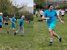 Father Gregory Miller plays Ultimate Frisbee during the annual "Cassock Classic."