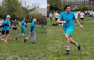 Father Gregory Miller plays Ultimate Frisbee during the annual "Cassock Classic." Credit: Father Gregory Miller