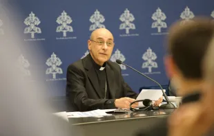 Cardinal Víctor Manuel Fernández, prefect of the Dicastery for the Doctrine of the Faith, presides over a press conference on Friday, May 17, 2024, on the Vatican’s new document on Marian apparitions. Credit: Rudolf Gehrig/EWTN News