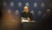 Cardinal Víctor Manuel Fernández, prefect of the Dicastery for the Doctrine of the Faith, presides over a press conference on Friday, May 17, 2024, on the Vatican’s new document on Marian apparitions.