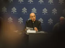 Cardinal Víctor Manuel Fernández, prefect of the Dicastery for the Doctrine of the Faith, presides over a press conference on Friday, May 17, 2024, on the Vatican’s new document on Marian apparitions.