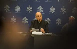 Cardinal Víctor Manuel Fernández, prefect of the Dicastery for the Doctrine of the Faith, presides over a press conference on Friday, May 17, 2024, on the Vatican’s new document on Marian apparitions. Credit: Rudolf Gehrig/EWTN News