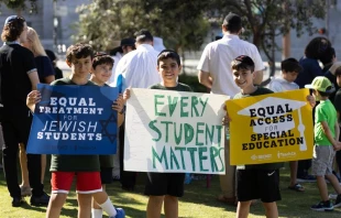 About 200 Orthodox Jewish families and individuals showed up for a rally outside a California court building on Friday, July 21, 2023, to express their support for religious liberty for disabled students. Becket