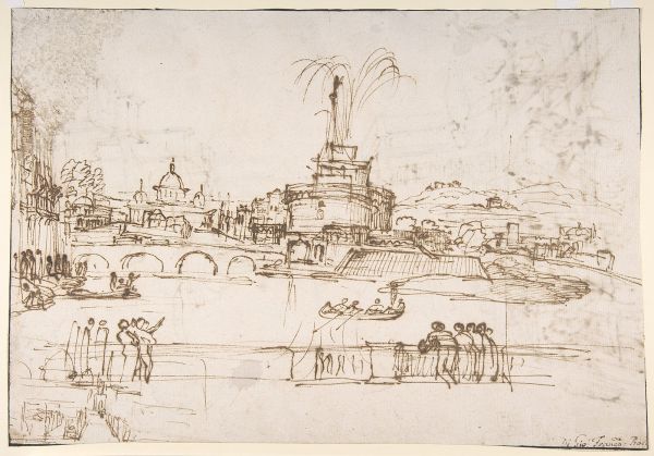 The Metropolitan Museum of Art in New York City has in its collection this 17th-century sketch of the fireworks display by Giovanni Francesco Grimaldi. Credit: Giovanni Francesco Grimaldi, CC0, via Wikimedia Commons