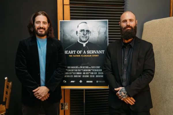 Co-director Rob Kaczmark of Spirit Juice Studios stands next to narrator Jonathan Roumie after the recording session. Photo credit: Spirit Juice Studios