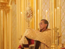 Father Miguel holds aloft a monstrance containing the Blessed Sacrament at Mass.