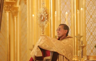 Father Miguel holds aloft a monstrance containing the Blessed Sacrament at Mass. Credit: Father Miguel