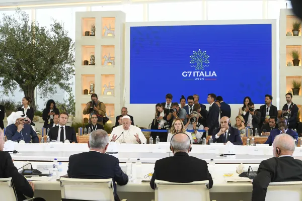 Pope Francis participates in his first G7 Summit on June 14, 2024. In his remarks, the pontiff stressed that human dignity requires that the decisions of artificial intelligence (AI) be under the control of human beings. Credit: Vatican Media