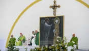 An image of the annunciation and the incarnation — when God became man in the womb of the Virgin Mary — was placed close to the altar during a Mass Pope Francis celebrated on July 7, 2024, in Trieste, Italy. The pope was in Trieste to attend the last morning of a July 3-7 Catholic conference on the topic of democracy.