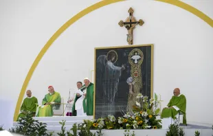 An image of the annunciation and the incarnation — when God became man in the womb of the Virgin Mary — was placed close to the altar during a Mass Pope Francis celebrated on July 7, 2024, in Trieste, Italy. The pope was in Trieste to attend the last morning of a July 3-7 Catholic conference on the topic of democracy. Credit: Vatican Media