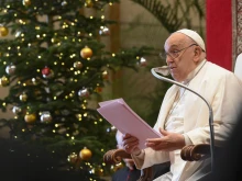 Pope Francis addresses cardinals and senior Vatican officials during his annual Christmas speech to the Roman Curia, Dec. 21, 2024.