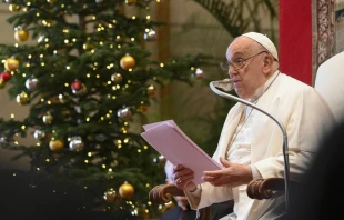 Pope Francis addresses cardinals and senior Vatican officials during his annual Christmas speech to the Roman Curia, Dec. 21, 2024. Credit: Vatican Media