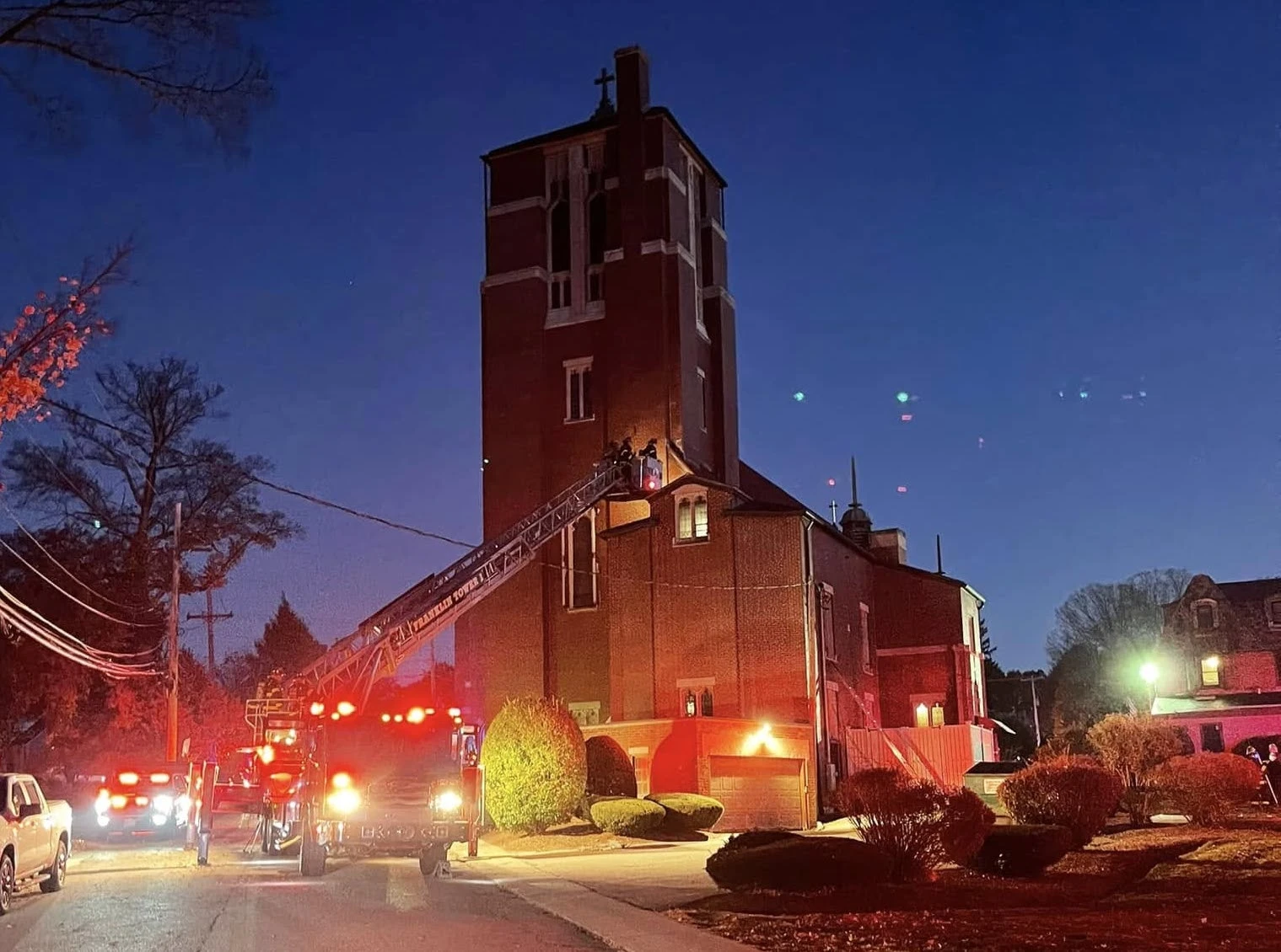 Firefighters work to extinguish the fire at St. Mary Church in Franklin, Massachusetts, Wednesday, Oct. 23, 2024.?w=200&h=150