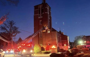 Firefighters work to extinguish a fire at St. Mary’s Parish in Franklin, Massachusetts, Wednesday, Oct. 23, 2024. Credit: Franklin Fire Department