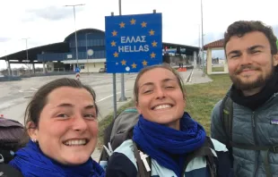 The sisters Madeleine and Marie-Liesse together with Louis Antona at the entrance of Greece. The three young people covered the distance from Paris to Jerusalem on foot, arriving in mid-May 2024. “I needed to walk 4,500 kilometers to understand that Jesus is not just in Jerusalem, but was by my side every step of the way,” Antona told CNA. Credit: Photo courtesy of French pilgrims Madeleine and Marie-Liesse