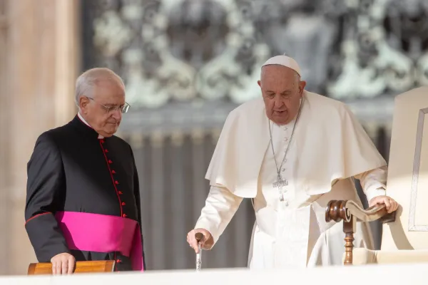 Pope Francis walks to his chair for the general audience in St. Peter’s Square, Sept. 25, 2024. The pope spoke softly and had to pause occasionally to cough after canceling two meetings earlier in the week due to what the Vatican said was a “mild flu-like condition.”. Credit: Daniel Ibañez/CNA