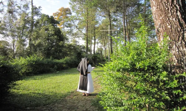 A Trappist nun walks in nature near the Monastery of Gedono on the island of Java in Indonesia. Credit: Monastery of Gedono