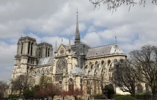 A picture taken on March 27, 2019, shows a scaffold during the restoration of Notre-Dame de Paris Cathedral in Paris. Credit: LUDOVIC MARIN/AFP via Getty Images