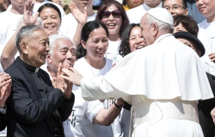 Pilgrims from China greets Pope Francis during his general weekly audience in St. Peter's Square on May 22, 2019, at the Vatican. Photo by Alessandra Benedetti - Corbis/Corbis News