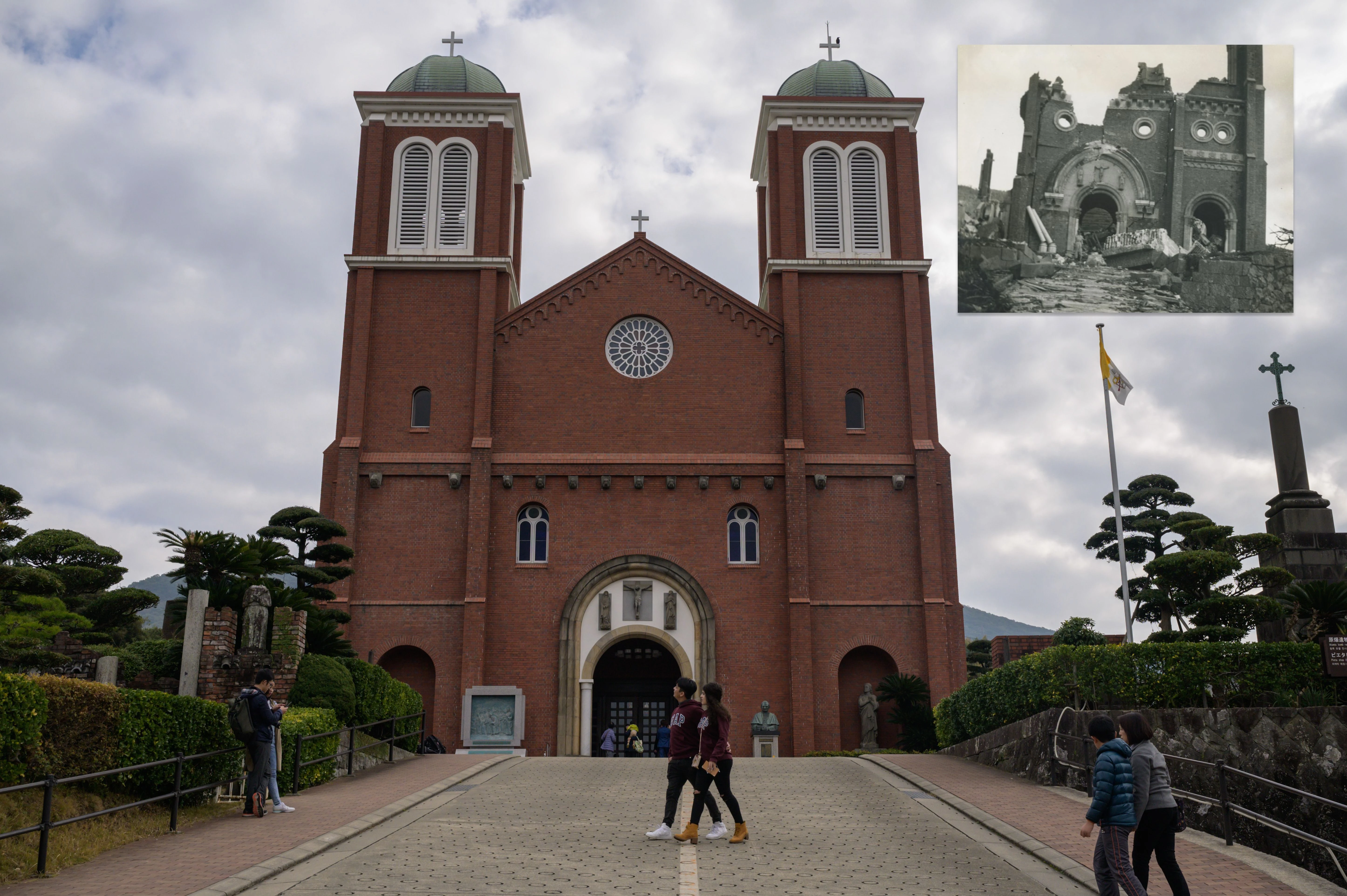 A view of the Urakami cathedral in Nagasaki on Nov. 23, 2019. Inset: The ruined church after the bombing of Nagasaki on Aug. 9, 1945.?w=200&h=150