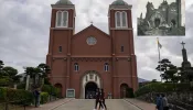 A view of the Urakami cathedral in Nagasaki on Nov. 23, 2019. Inset: The ruined church after the bombing of Nagasaki on Aug. 9, 1945