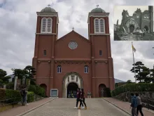 A view of the Urakami cathedral in Nagasaki on Nov. 23, 2019. Inset: The ruined church after the bombing of Nagasaki on Aug. 9, 1945.