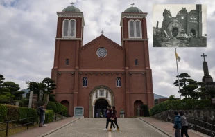 A view of the Urakami cathedral in Nagasaki on Nov. 23, 2019. Inset: The ruined church after the bombing of Nagasaki on Aug. 9, 1945. Credit: ED JONES/AFP via Getty Images (Inset; Provided)