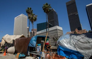 A homeless man fixes his bike outside his tent next to the 110 Freeway in Los Angeles California on May 25, 2020. Credit: APU GOMES/AFP via Getty Images