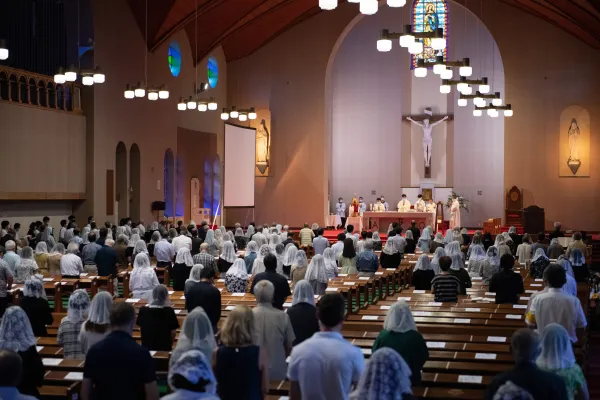 Worshippers attend a Sunday Mass at Urakami Cathedral dedicated to the victims of the atomic bomb on the 75th anniversary of the Nagasaki atomic bombing on Aug. 9, 2020, in Nagasaki, Japan. Credit: Carl Court/Getty Images