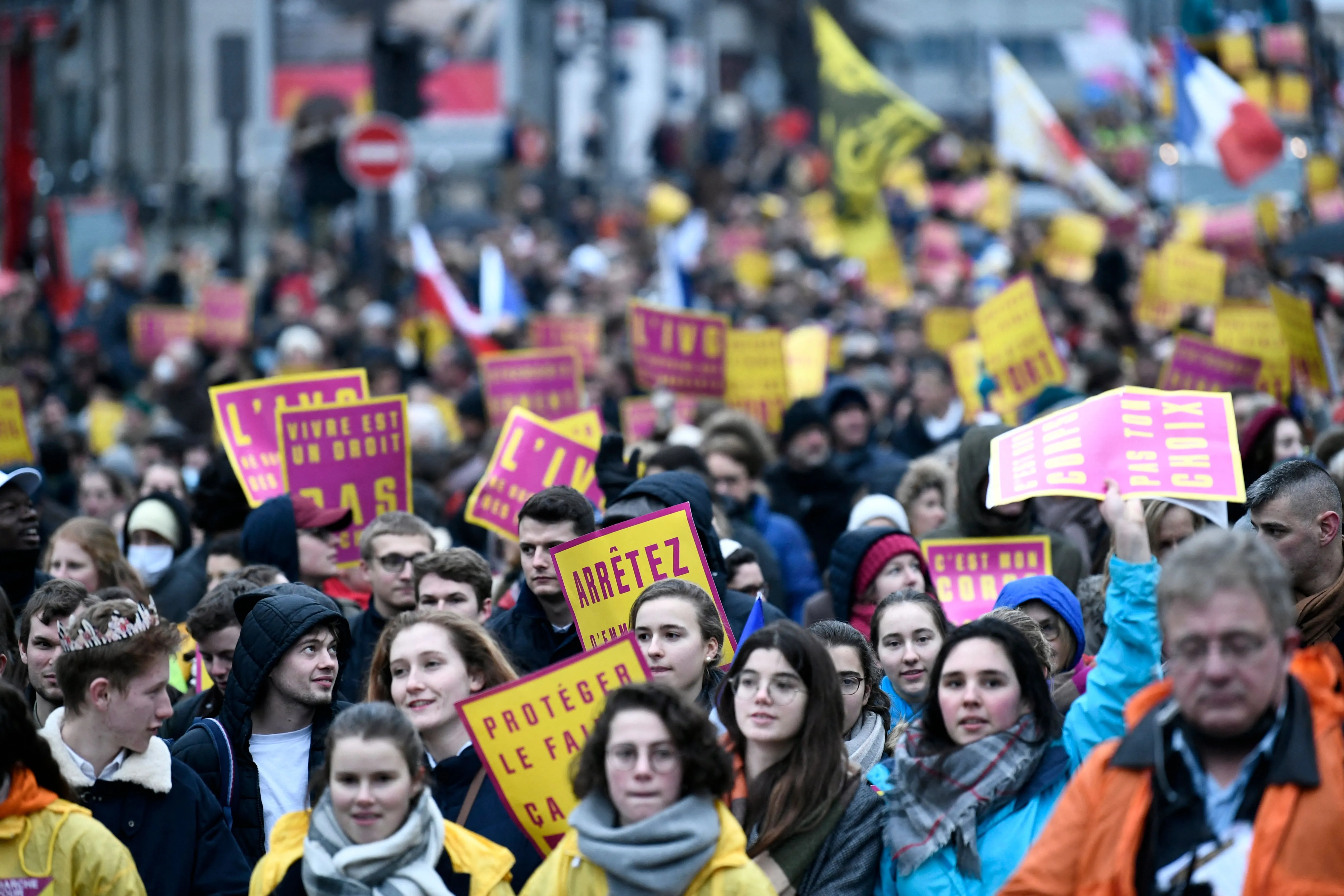 Demonstrators hold pro-life placards during an anti-abortion protest in Paris on Jan. 16, 2022. Abortion in France is legal until 14 weeks after conception.?w=200&h=150