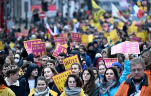 Demonstrators hold pro-life placards during an anti-abortion protest in Paris on Jan. 16, 2022. Abortion in France is legal until 14 weeks after conception. Credit: STEPHANE DE SAKUTIN/AFP via Getty Images