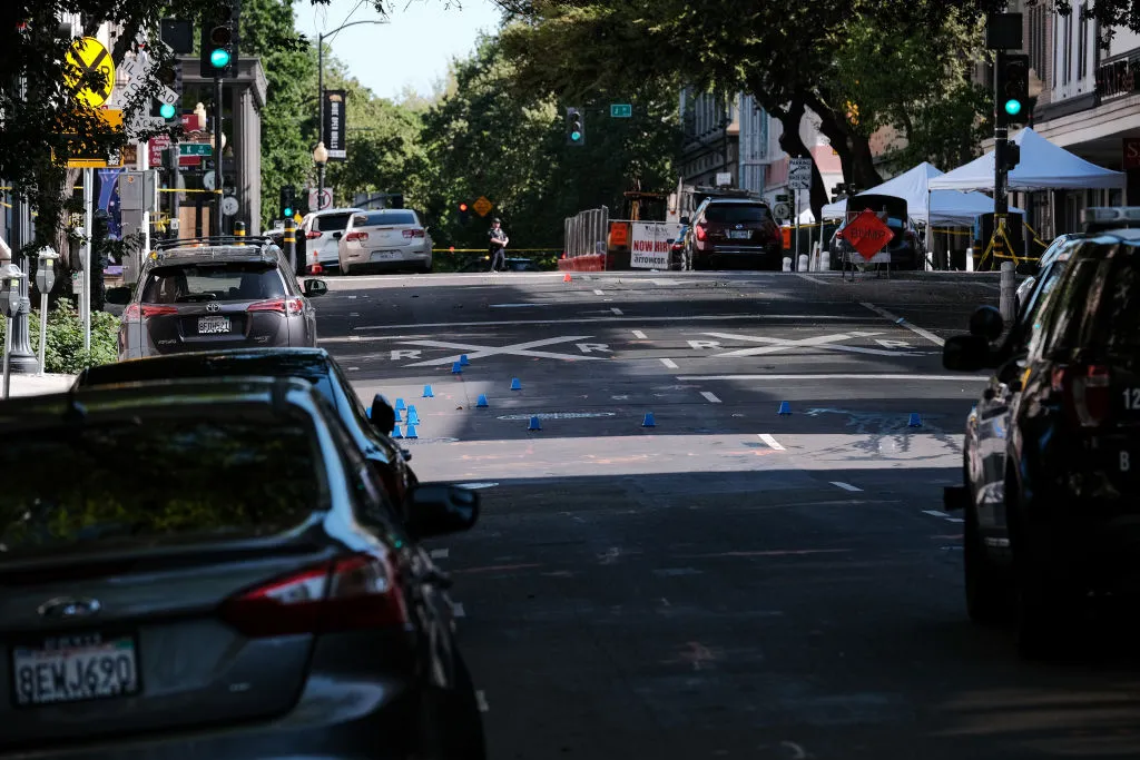 Police markers are placed in the street on the corner of 10th and L street at the scene of a shooting that occurred in the early morning hours on April 3, 2022 in Sacramento, California.?w=200&h=150