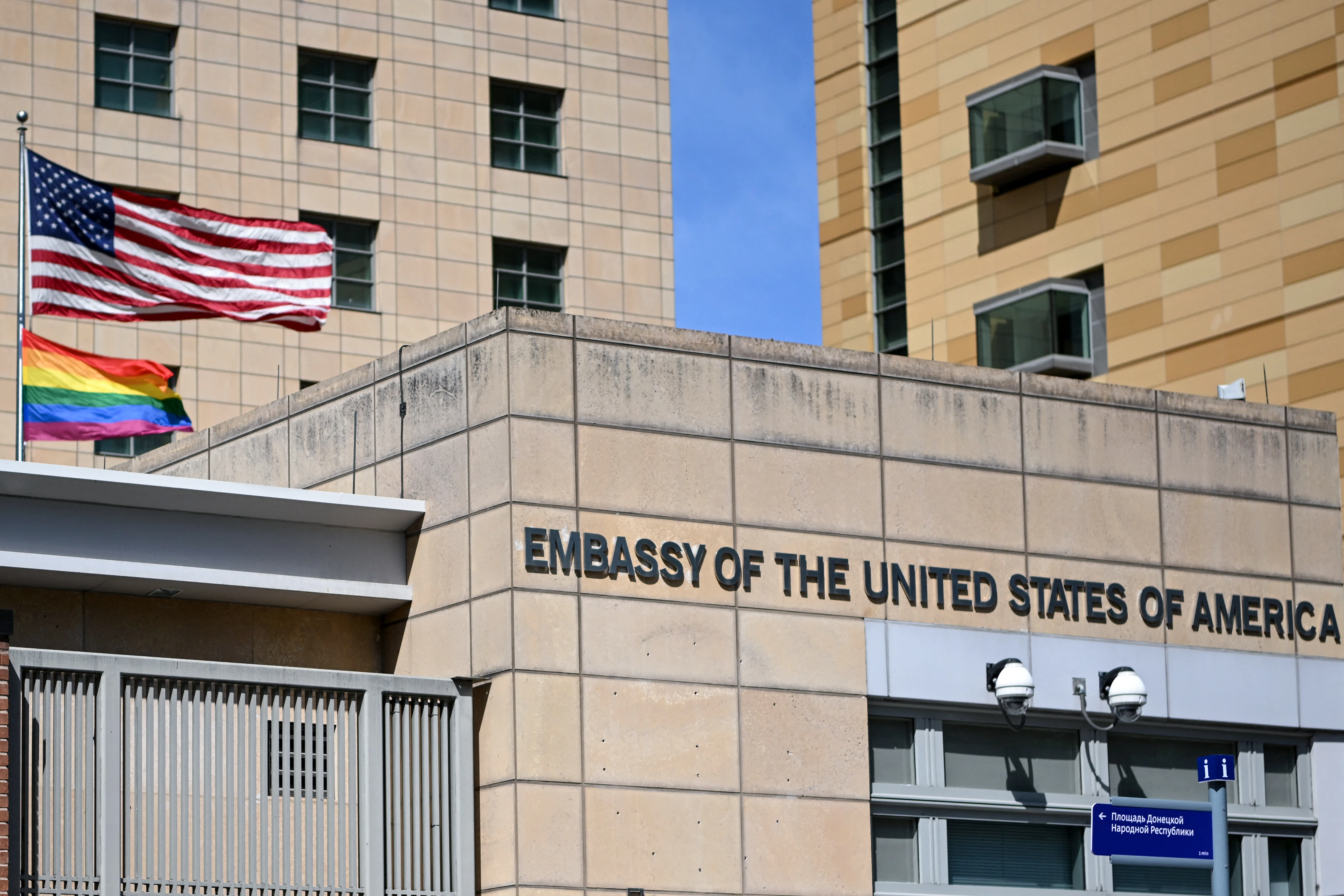 U.S. national and rainbow flags are pictured on the U.S. embassy in Moscow on June 30, 2022.?w=200&h=150