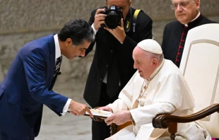 Pope Francis speaks with Punit Renjen, an Indian-American businessman and CEO of the multinational professional services firm Deloitte, during an audience to the participants of the Deloitte Global meeting on Sept. 22, 2022, at Paul VI Hall in the Vatican. Photo by ALBERTO PIZZOLI/AFP via Getty Images