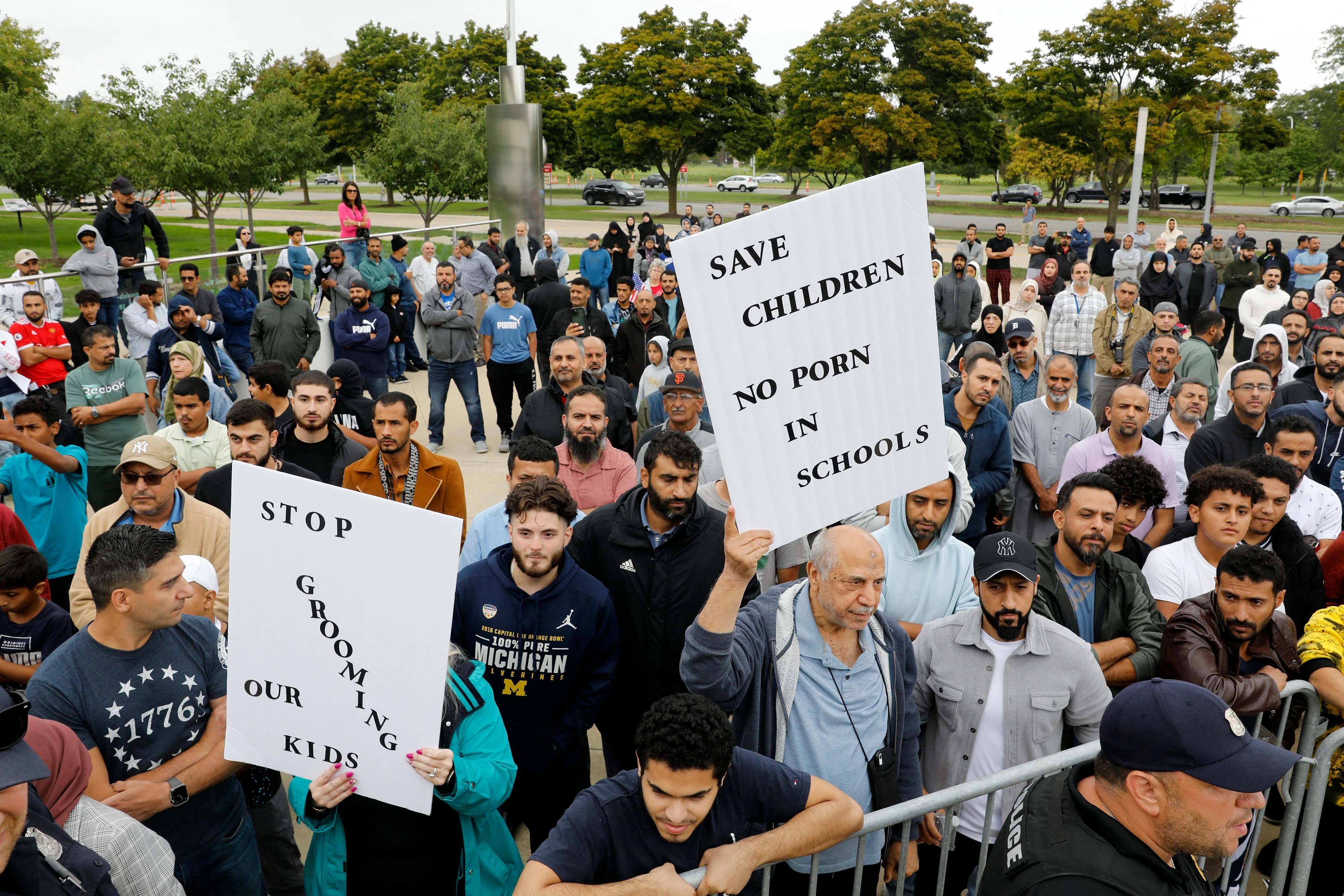 Demonstrators who support keeping inappropriate books out of libraries gather during a protest outside of the Henry Ford Centennial Library in Dearborn, Michigan, on Sept. 25, 2022.?w=200&h=150